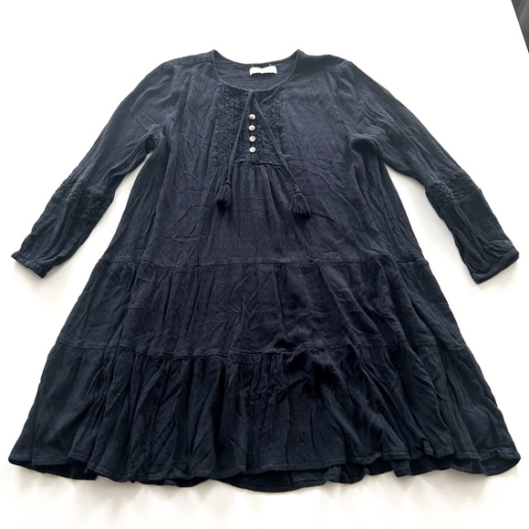 Lucky Brand Tiered Tunic Dress Black Tassel Tie V-Neck Size Large - Picture 10 of 15